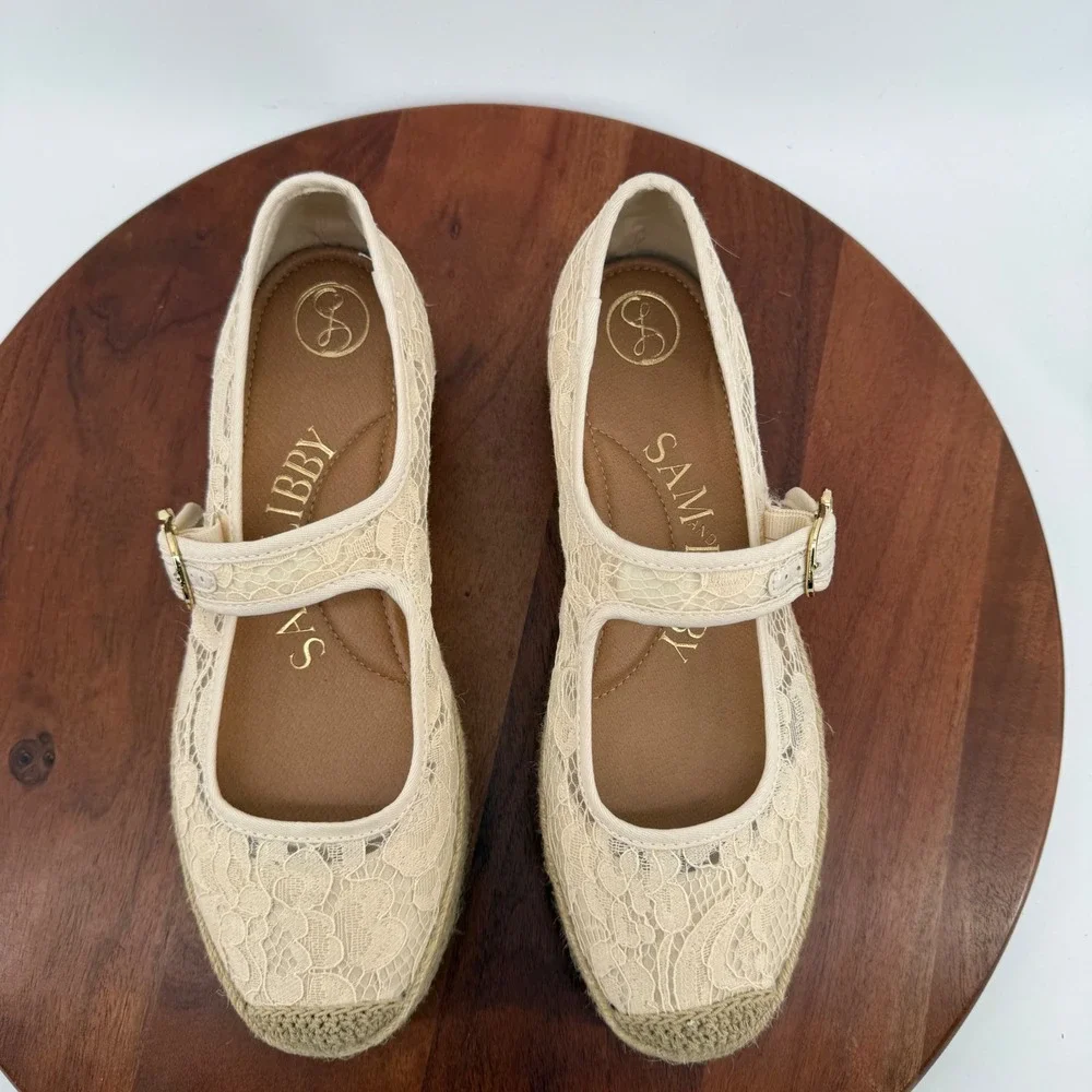 Sam & Libby Mary Jane Espadrille‎ Women Beige Floral Lace Platform Shoes 10